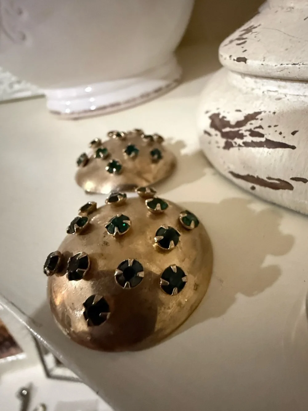 Vintage Gold and Emerald Clip on Dome Earrings